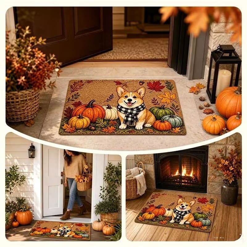 Fall Thanksgiving Welcome Doormat with Pumpkin Maple Leaf Design 15.75 x 23.62 Inch Crystal Velvet Seasonal Rug for Entryway Kitchen Home Decor
