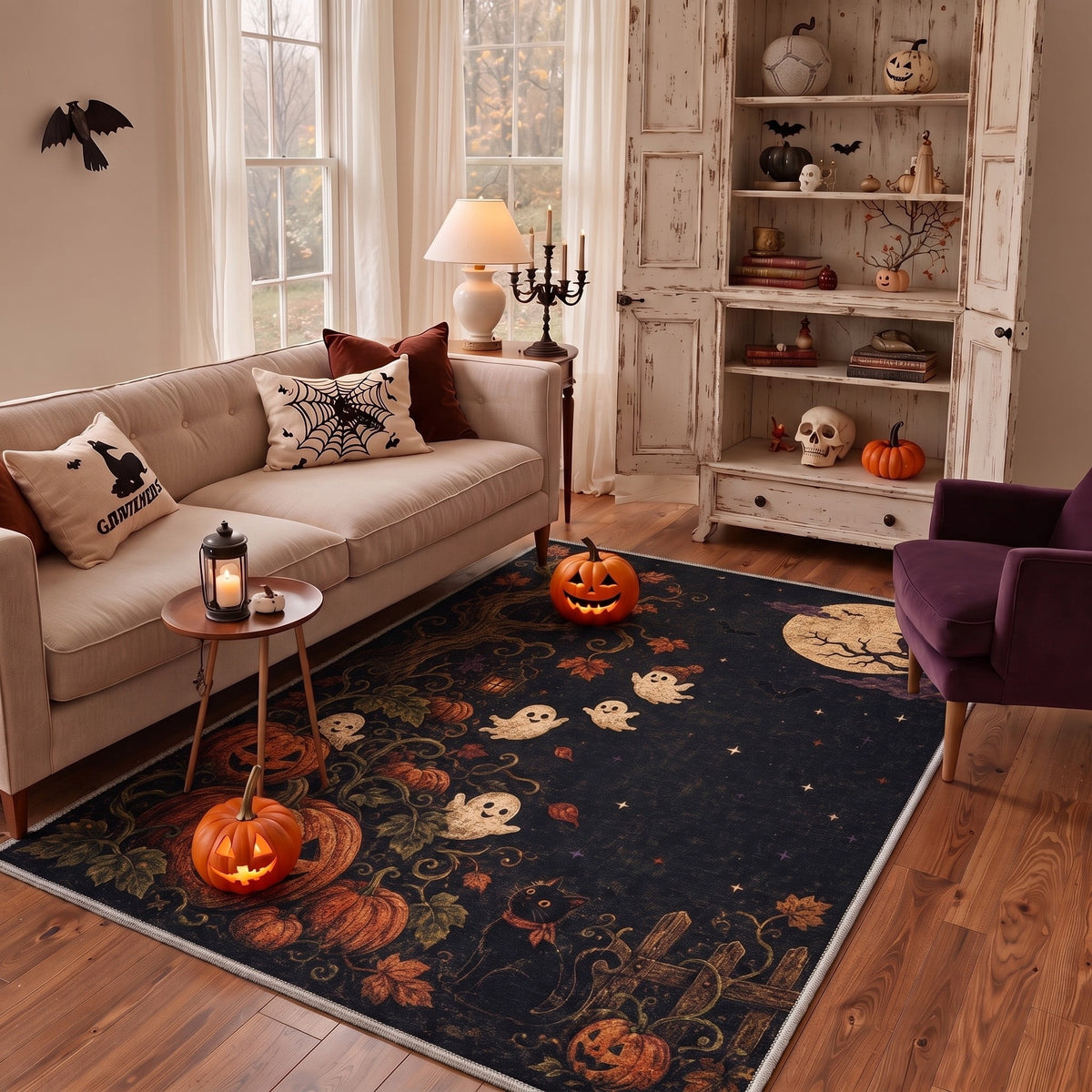 GENIMO 5'x7' Halloween Area Rug for Living Room, Washable Non Slip Soft Vintage Pumpkin Indoor Rug for Bedroom Dining Room Home Office, Antique Moss