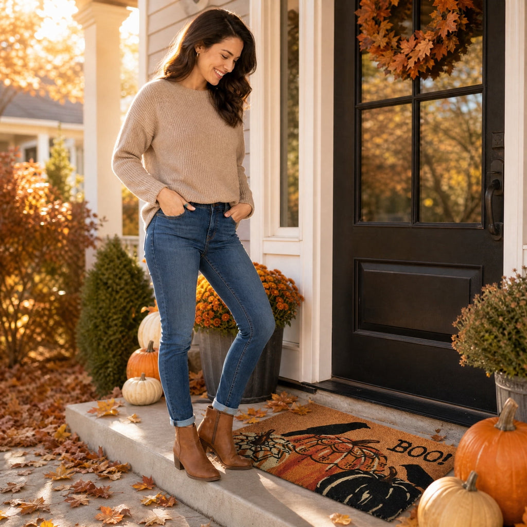 Halloween Pumpkin Crow Coir Doormat 23.6x15.7 Inch Fall Front Porch Welcome Mat Non Slip Seasonal Entryway Decor for Home Indoor Outdoor Display