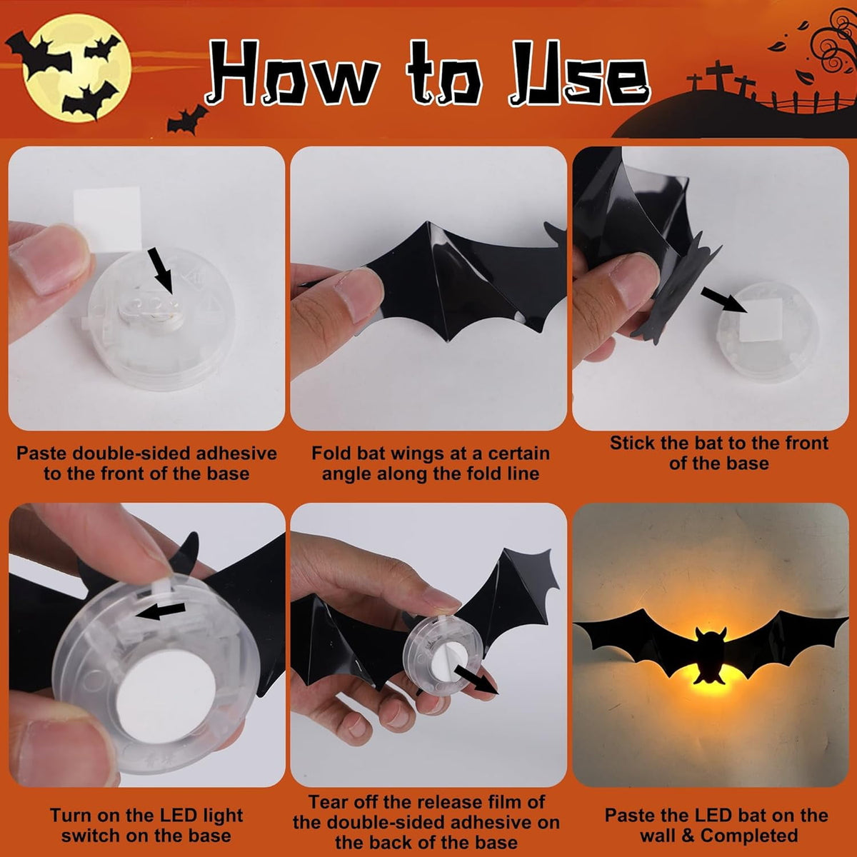 CQHVKQ 36 PCS Halloween Bats Decorations, Realistic 3D LED Bats Wall Stickers Decor, Assorted Size Removable Lighted PVC Bats DIY Wall Sticker for Halloween Party, Bedroom, Home, Indoor and Outdoor