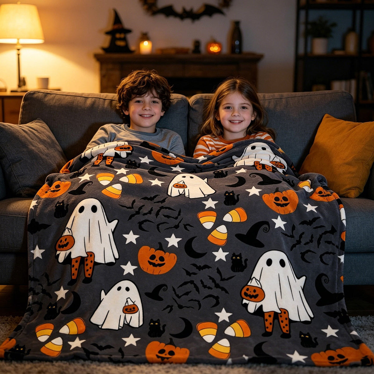 Halloween blanket,Halloween Print Throw Blanket Flannel Soft Cozy Decorative Nap Blanket with Ghost Pumpkin Skull for Office Bedroom Sofa Camping Travel(100x150cm/39x59 Inch),Black