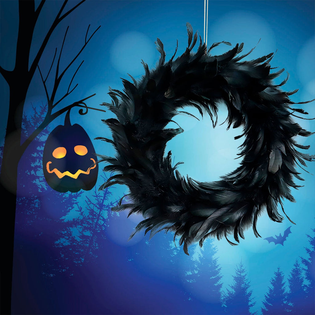 EWSFHUI Black Feathers Wreath 13.5" in Black for Halloween Decorations,Spooky Scene Party Favors,Halloween Photo Props,Front Door