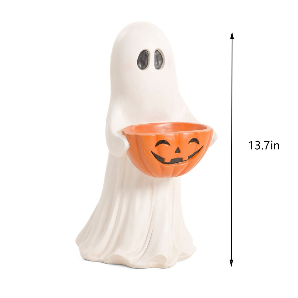 Lighted Halloween Ghost Candy Bowl, Cute LED Ghost Holding Pumpkin Candy Bucket for Trick or Treat, Outdoor Halloween Decorations for Front Porch, Indoor Yard Patio Halloween Decor