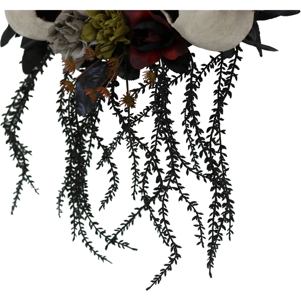 Haunted Hill Farm 24 in Hanging Wreath with Skulls, Fall Flowers, and Vines, Indoor/Covered Outdoor Halloween Props Decoration, HHWTHSKL-2
