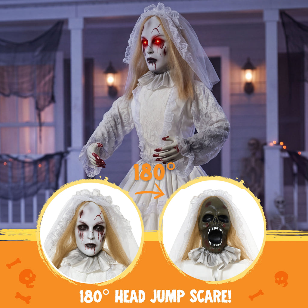 Joyfy 6.2 FT (74.8") Halloween Decoration Outdoor Animatronic Ghost Doctor, Sound Activated Life-Size Standing Ghost with Rotating Head, LED Eyes & Lantern, for Scary Haunted House,Yard Decor