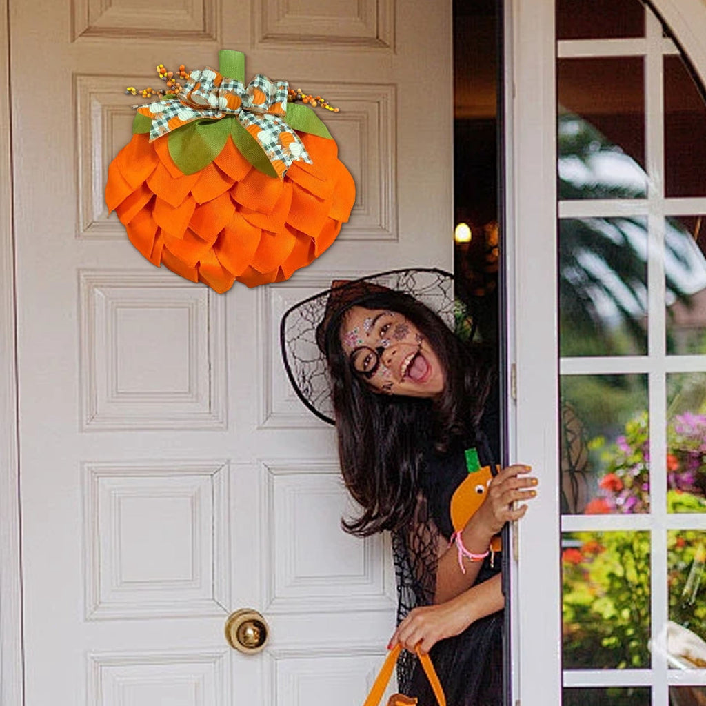 CASAFUN Autumn Pumpkin Wreath with Bows and Berries,Front Door Fall Decorations for Home Porch,Burlap Pumpkin Garland for Autumn Fall Halloween Christmas Thanksgiving Wall Decor