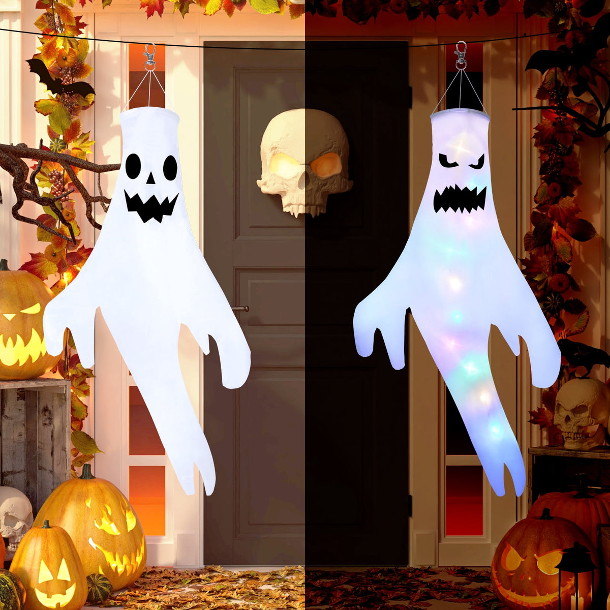 Qoosea 2 pack Hanging Ghosts Halloween Decor 4.26ft Large Glowing LED Ghost Lights Windsock Halloween Decorations Outdoor Indoor, 3 Lighting Modes