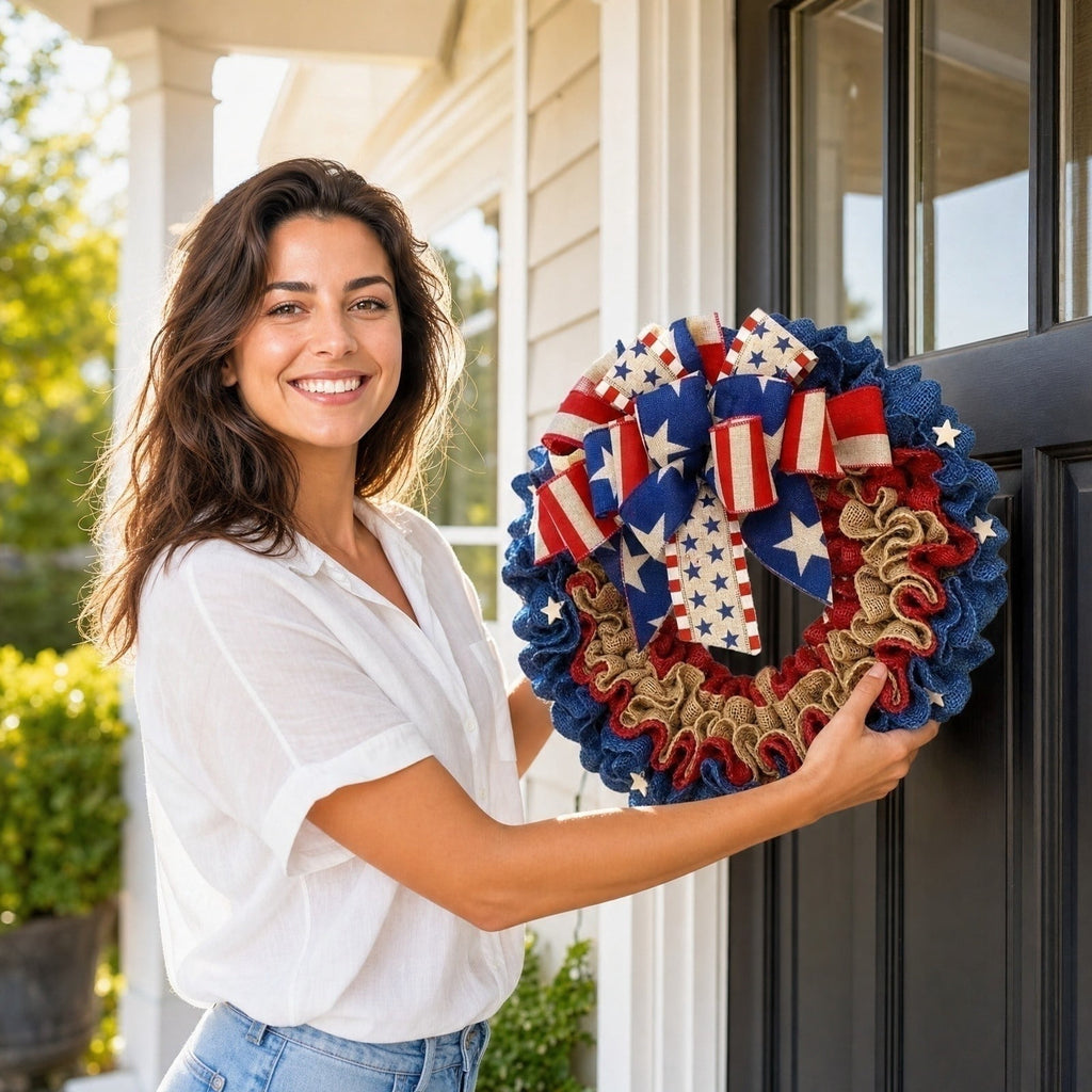 Nkmbld 4th of July Wreaths for Front Door, Independence Day Wreath Red White Blue Flower Wreath for Independence Day Memorial Day Flag Day Decor