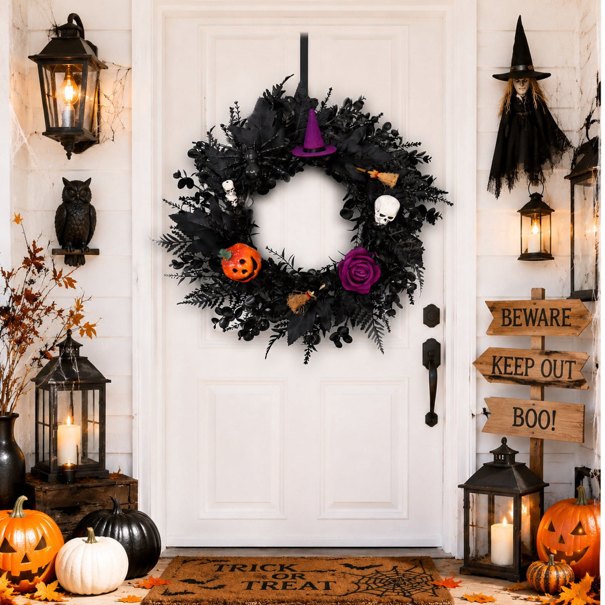 Gcvizuso Halloween Crescent Floral Wreath, Orange Red Rose Hydrangea Fall Front Door Decor for Autumn Harvest Celebration