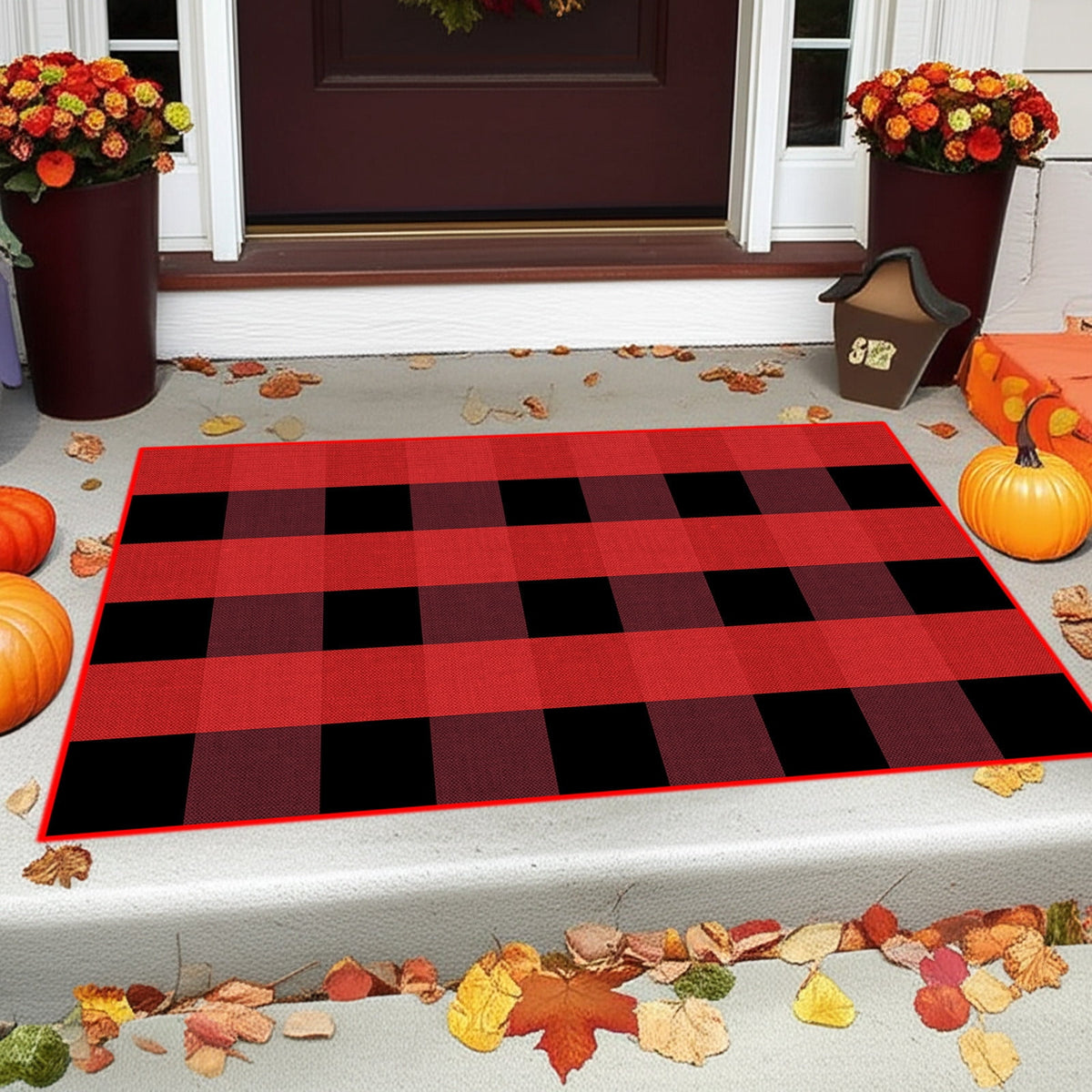 Orange Plaid Fall Outdoor Mat, Hand-Woven Porch Rug for Thanksgiving Halloween Door Decor