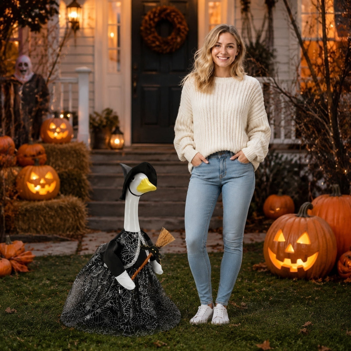 Halloween Garden Porch Decor, Porch Goose Outfits Halloween, 23 Inch Porch Goose Outfits, Witch Dress and Hat Set, Fits 23X11X26 Inch Standing Plush Goose for Front Porch Lawn