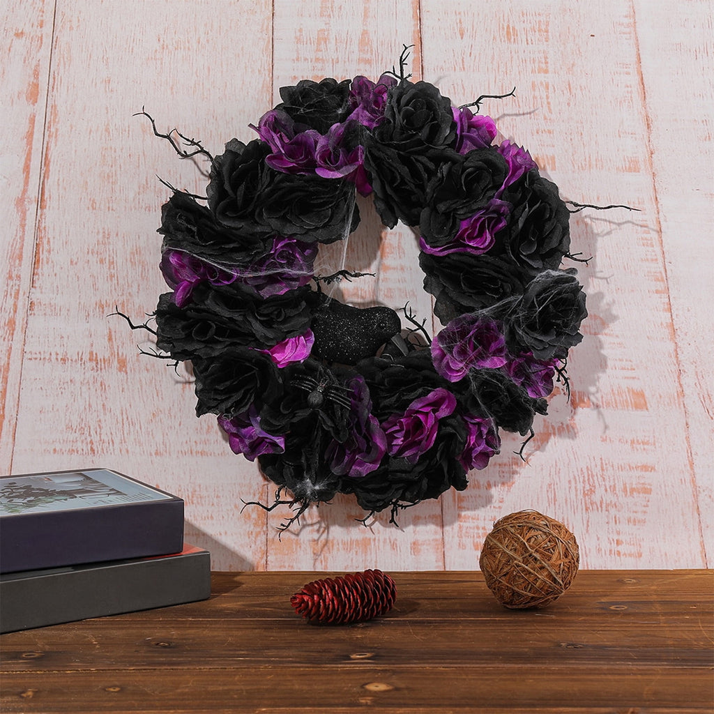 Fankiway Halloween Wreaths for front door, Halloween Black Flower Wreath Wall Door Hanging Festival Party Decor, Halloween Outdoor Wreath, Halloween Decorations