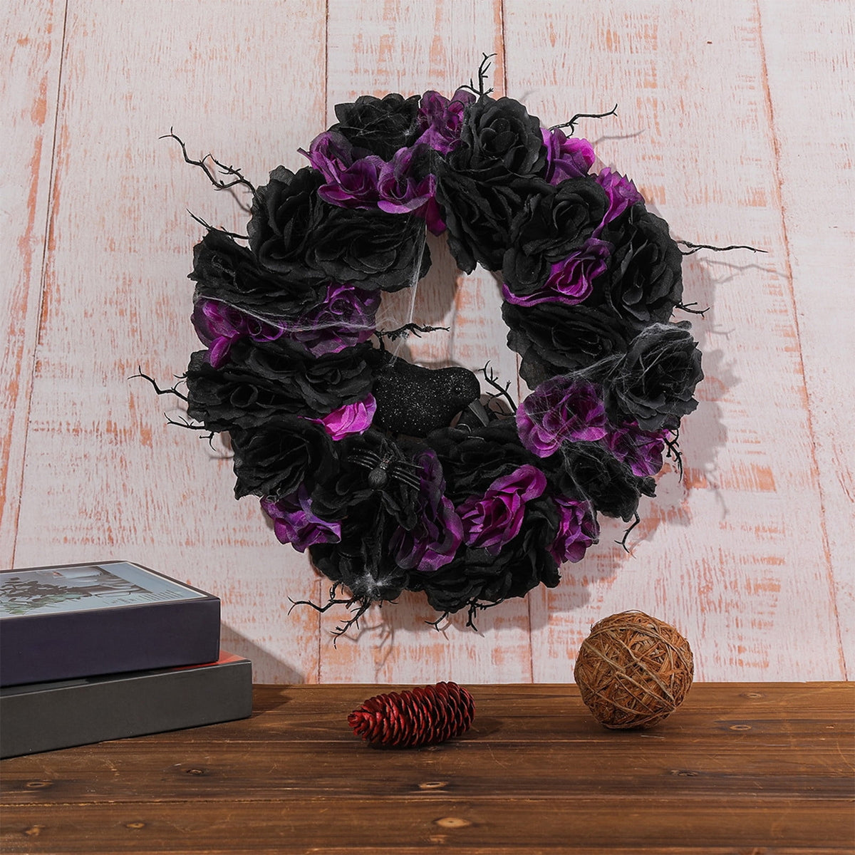 Fankiway Halloween Wreaths for front door, Halloween Black Flower Wreath Wall Door Hanging Festival Party Decor, Halloween Outdoor Wreath, Halloween Decorations