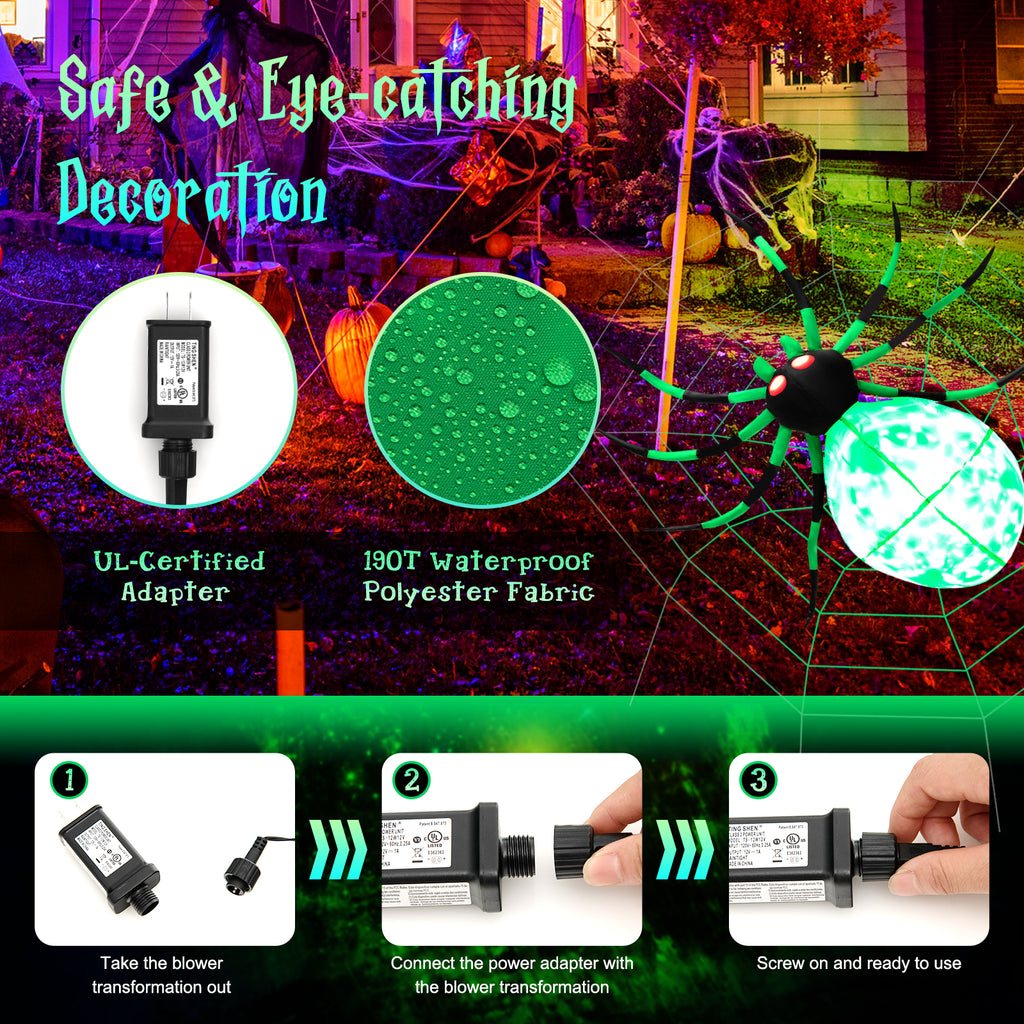 Patiojoy Halloween Inflatable Spider with Cobweb Creepy Blow-up Spider with LED Rotating LED Light Green Black Legs Waterproof Halloween Decoration