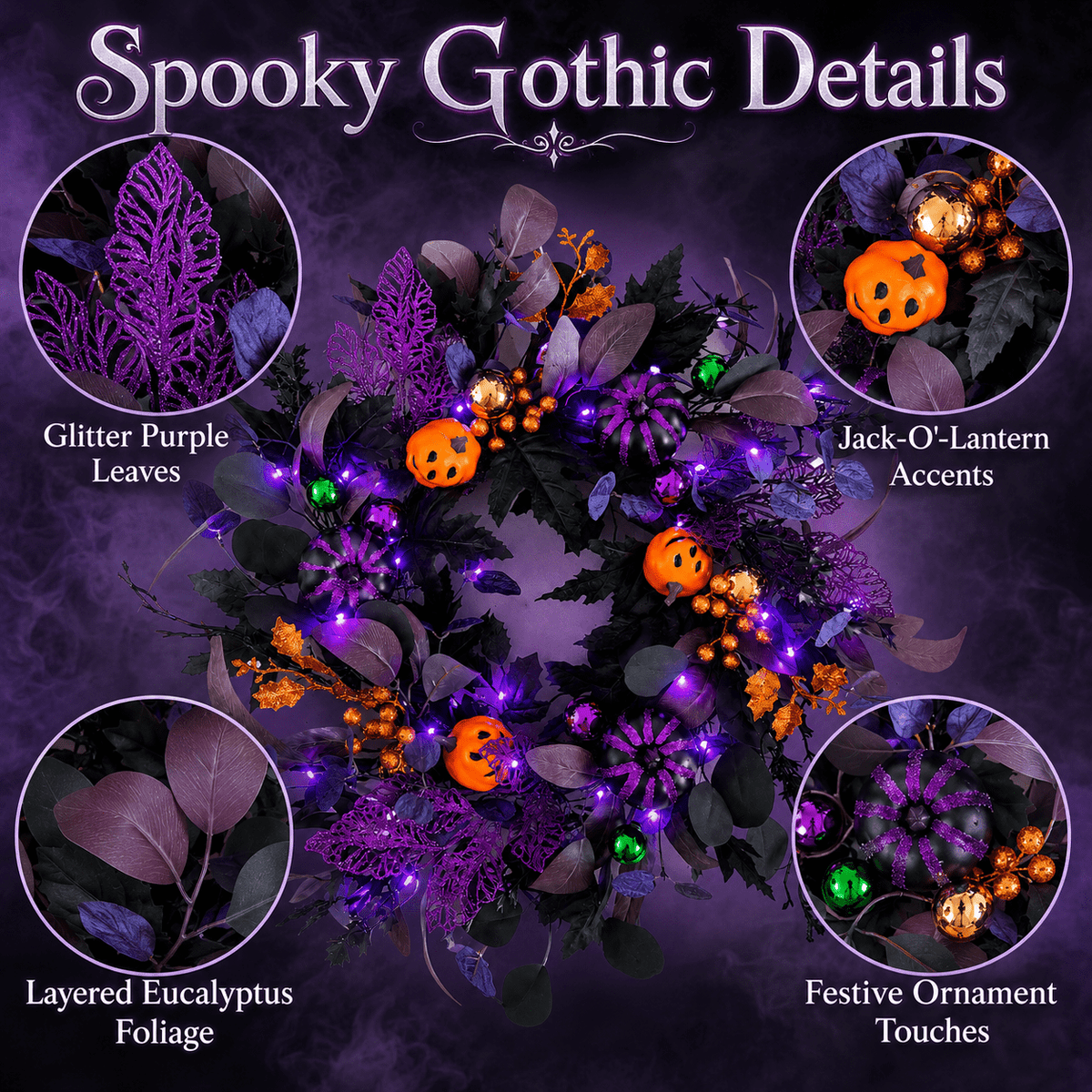 SLUMLOVE 22 in Lighted Halloween Wreath, Black and Purple Pumpkin Door Decor for Front Door, Porch, Wall, Indoor and Covered Outdoor