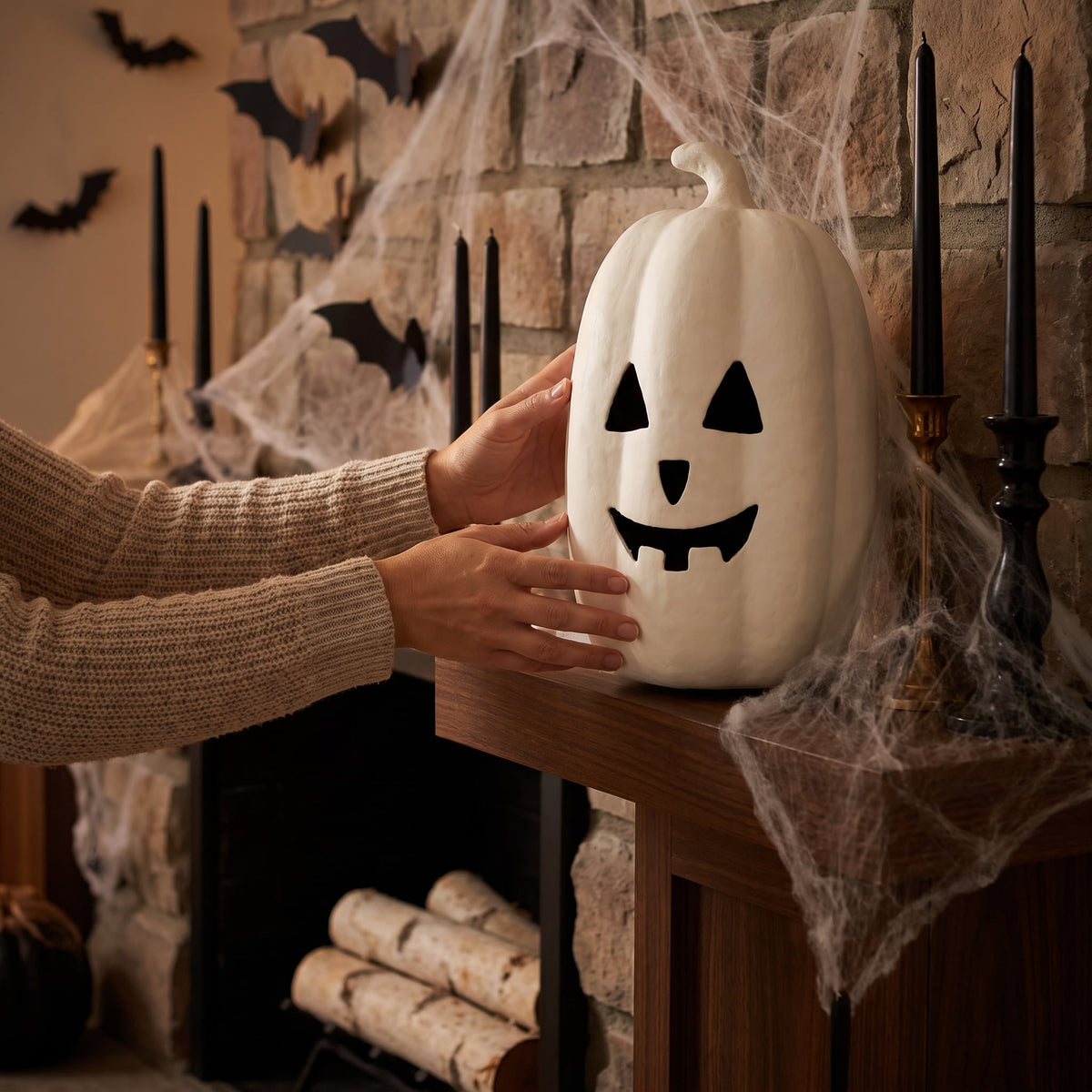 Paper Mache Jack-o'-Lantern Decoration, Black, 13.3", Halloween by Way To Celebrate