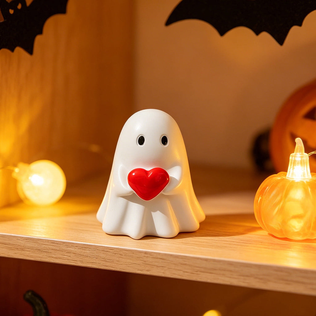 Halloween Ghost Figurine, Ghost Girl with Pink Bow & Hot Drink, Funny Ghost Statue Halloween Decor for Gift, Cute Spooky Tabletop Ornament for Home, Mantle, Desk & Party Decoration