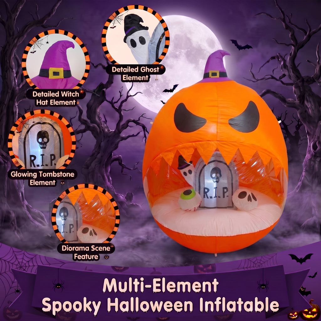 Glazina 6 FT Halloween Inflatable Pumpkin Clear Window with Ghost Tombstone, Built-In LED Lights, Outdoor Halloween Blow Up Yard Decoration