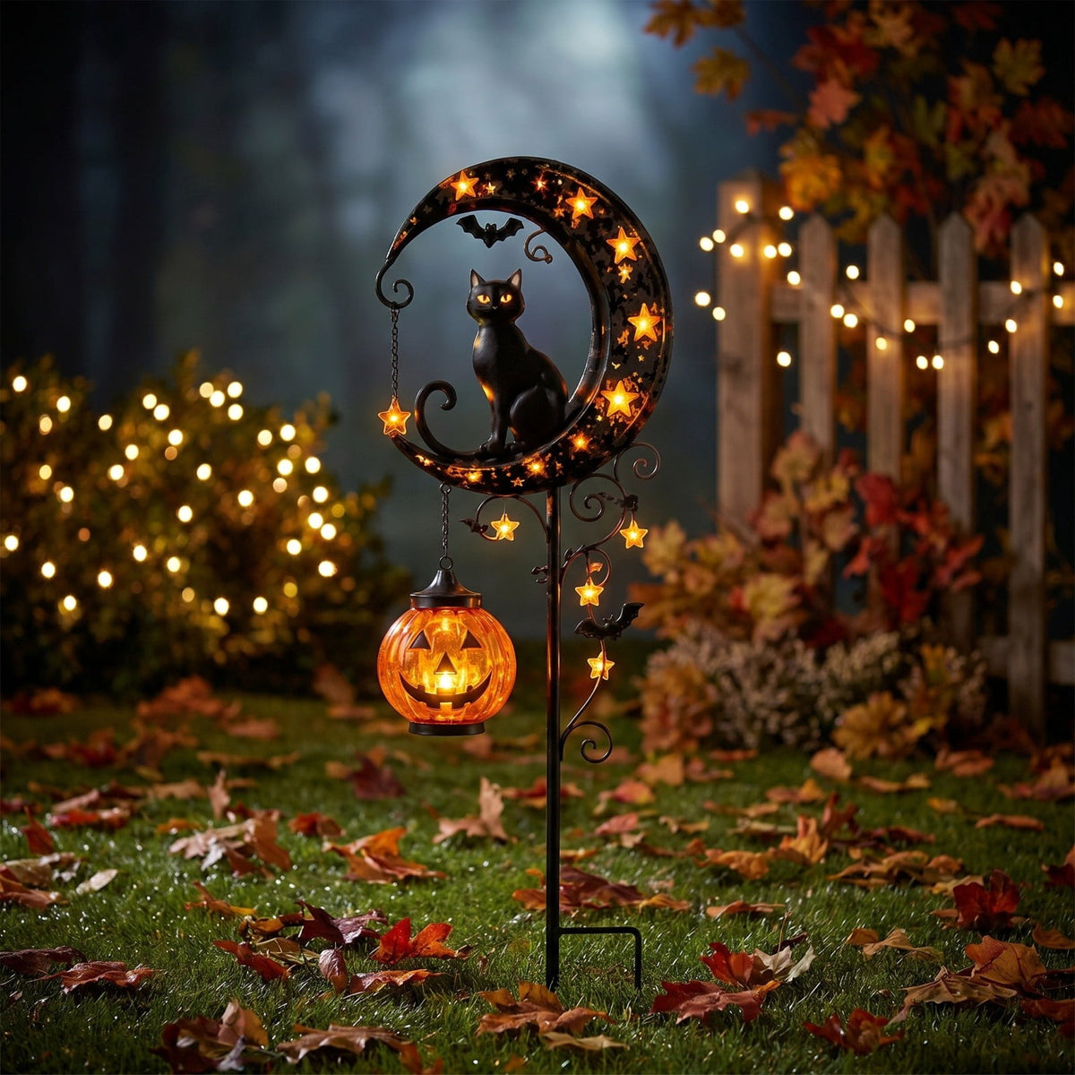 Clearance Halloween Solar Black Cat & Pumpkin Moon Garden Stake Light, Outdoor Waterproof LED Yard Decoration with Crescent Moon, Hanging Jack-o'-Lantern Lantern for Garden, Patio, Walkway, Porch