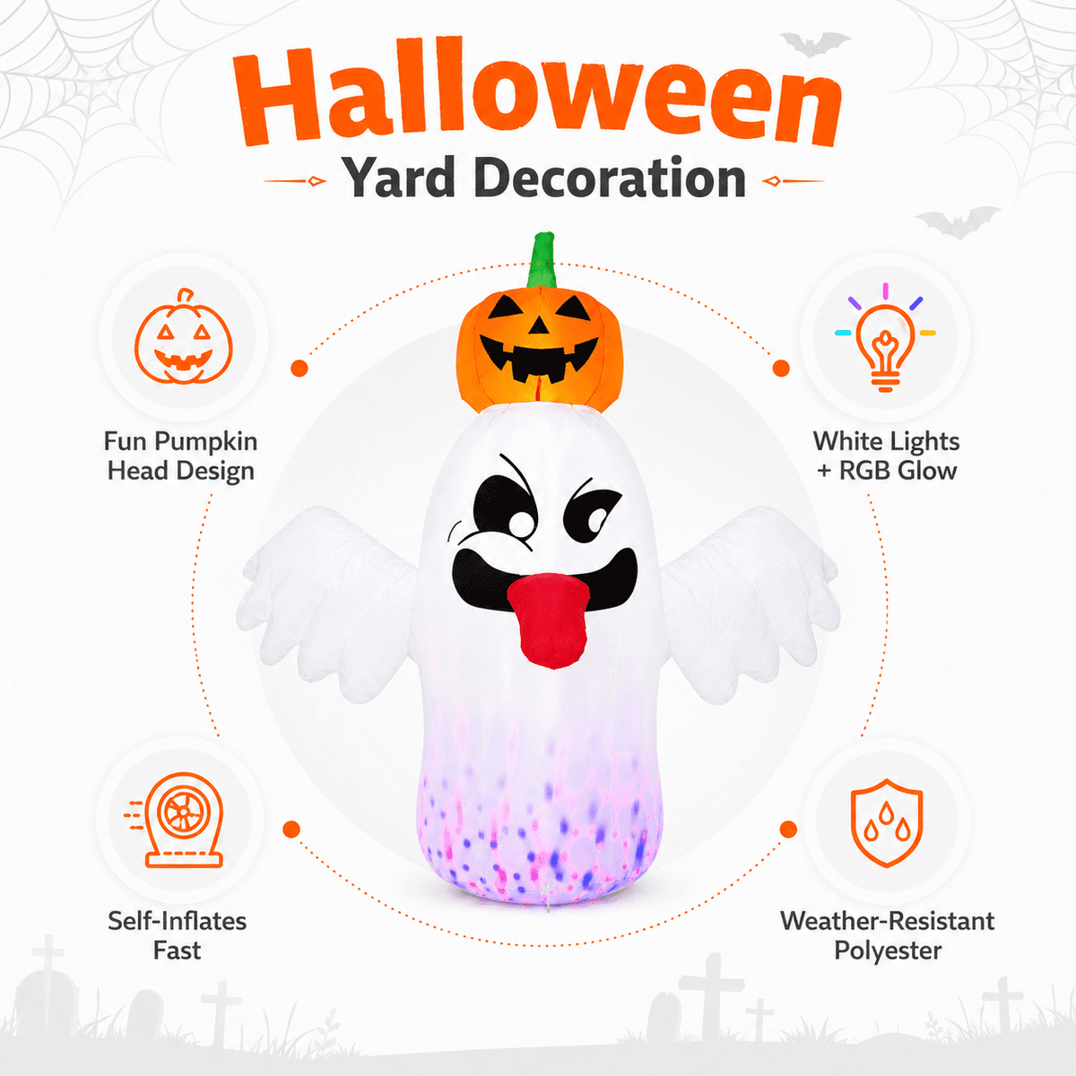 BEEPRINCESS 6 FT Halloween Inflatable Ghost with Pumpkin Head, Light-Up RGB LED Blow Up Yard Decoration