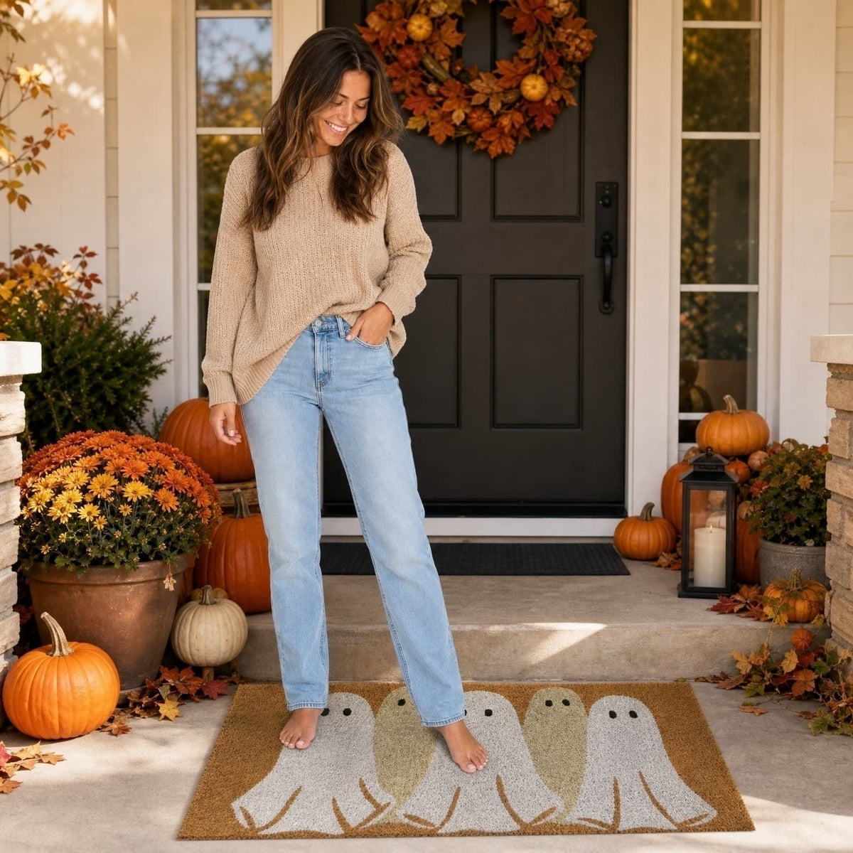 MYUNNIL Halloween Ghost Doormat, Rustic Farmhouse Natural Coir Soft Non-Slip Cute White Ghost Pattern Floor Rug, 18 x 30 Inch practical Decorative Entrance Door Mat for Indoor Outdoor Home Decor