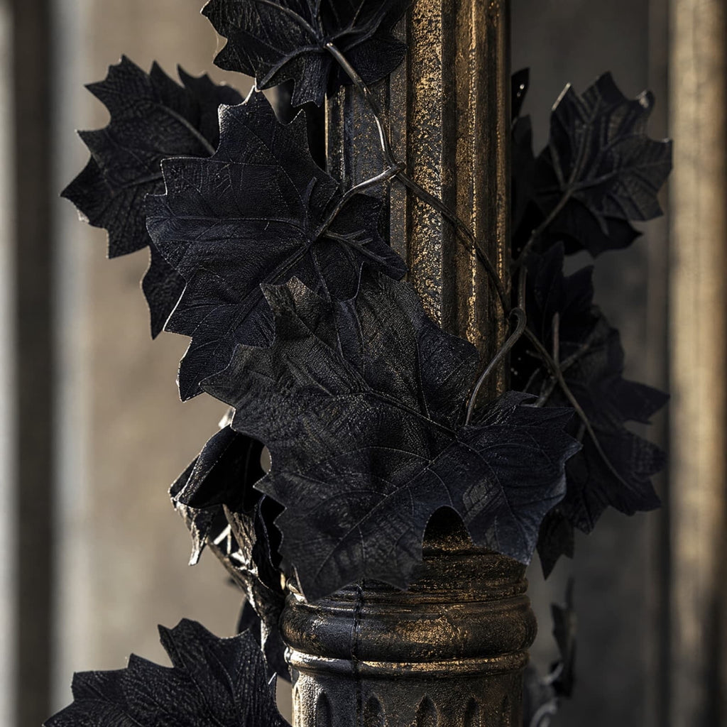 ICQOVD Halloween Black Maple Leaf Wreath Artificial Gothic Leaf Garland Hanging Decoration for Home Party Staircase Wall Door Indoor Outdoor Festival Decor