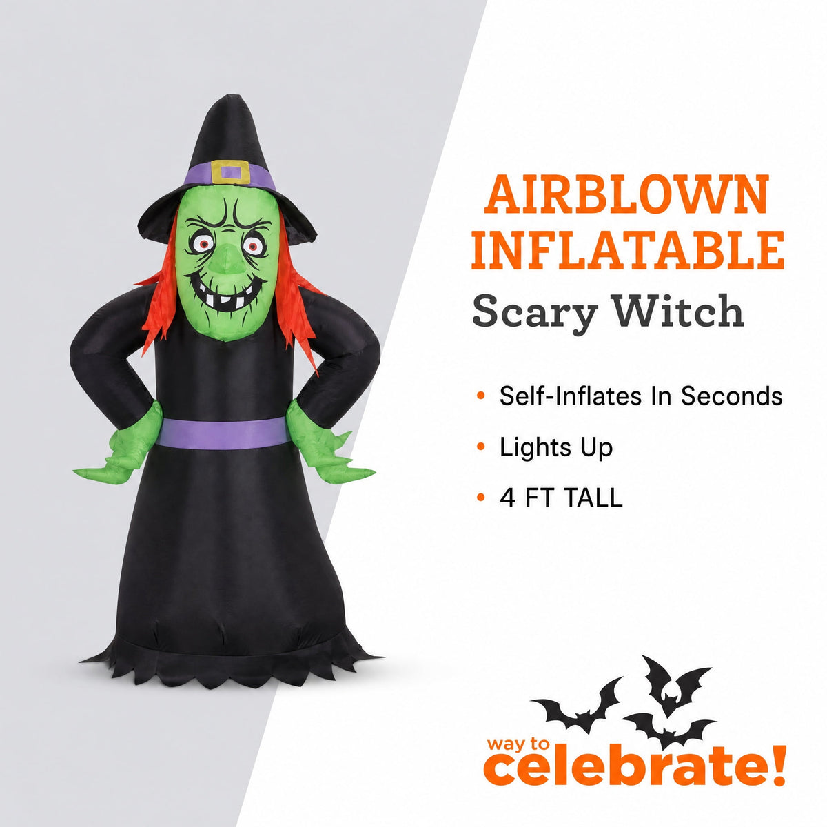 Scary Witch Airblown Yard Inflatable, Multicolor, 4', Halloween by Way To Celebrate