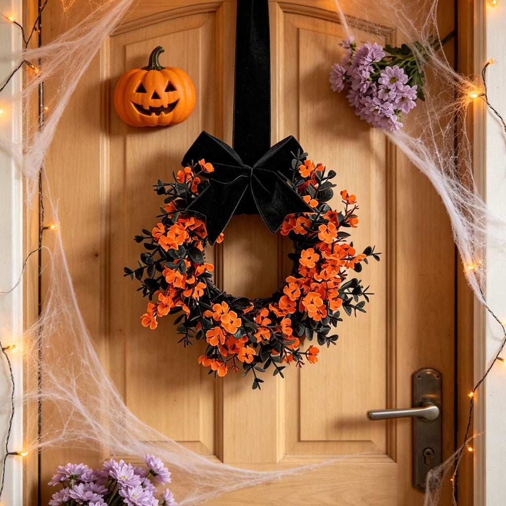 FXMLRLK 1 Pack Halloween Cabinet Wreaths with Ribbon Bows Artificial Flowers Kitchen Wreath for Window Front Door Farmhouse Wall Halloween Decorations, Blue