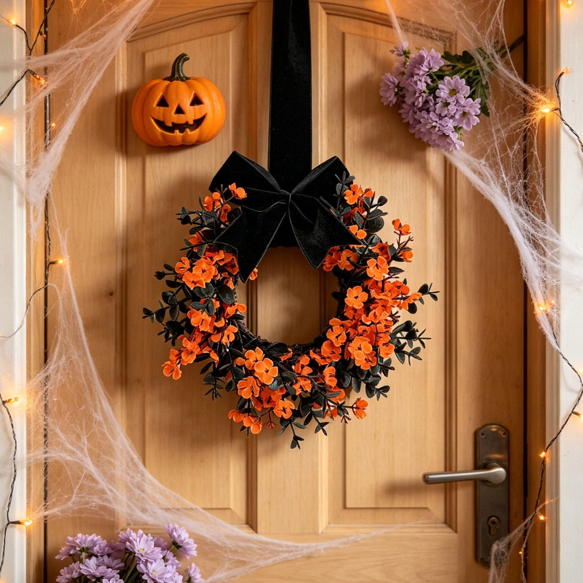 FXMLRLK 1 Pack Halloween Cabinet Wreaths with Ribbon Bows Artificial Flowers Kitchen Wreath for Window Front Door Farmhouse Wall Halloween Decorations, Blue
