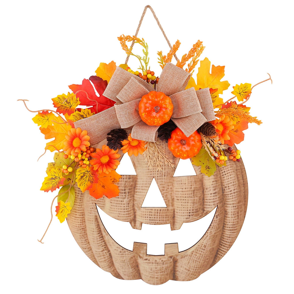 Autumn Pumpkin Door Hanger, Simulated Flower Wooden Pumpkin Wreath Seasonal Farmhouse Wall Decoration Reusable Festive Accent, Fall Thanksgiving Halloween Decor for Front Door Porch Window Mantel