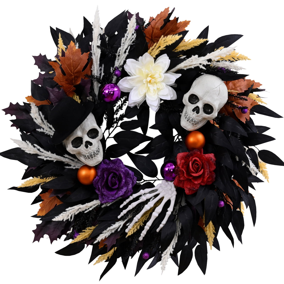 Lyacmy Halloween Wreath for Front Door Halloween Skeleton Decorations, Wreath with Skull Maple Leaves for Window Indoor Outside Home Party Decor