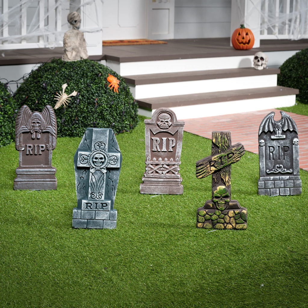 Joyfy 5 Pack Halloween Tombstone Outdoor Decorations,17 Inch Foam RIP Cemetery Headstone Decoration and 12 Halloween Yard Lawn Decoration Metal Stakes