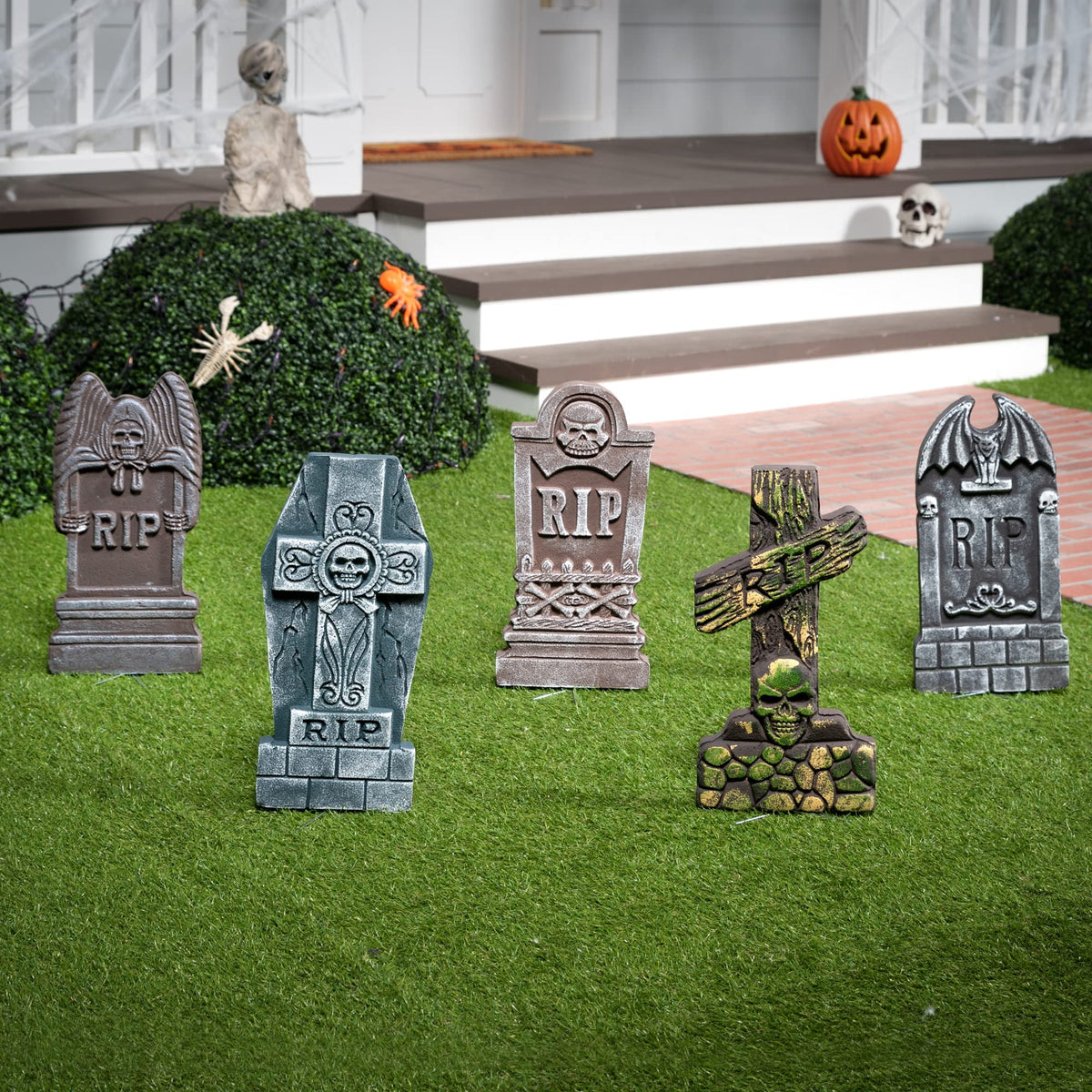 Joyfy 5 Pack Halloween Tombstone Outdoor Decorations,17 Inch Foam RIP Cemetery Headstone Decoration and 12 Halloween Yard Lawn Decoration Metal Stakes