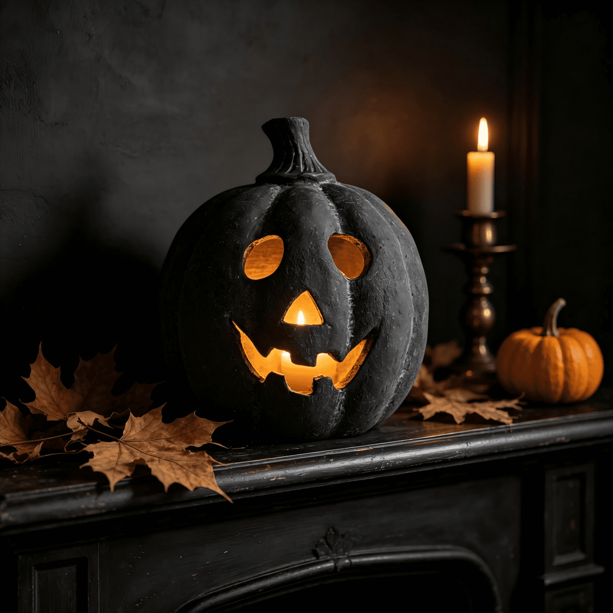 Halloween Decorations - 5.9" Black Handmade Resin Jack O Lantern Pumpkin Fall Decor, Indoor Outside Gothic Festival House Centerpiece Decoration for Table Garden Living Room Mantel