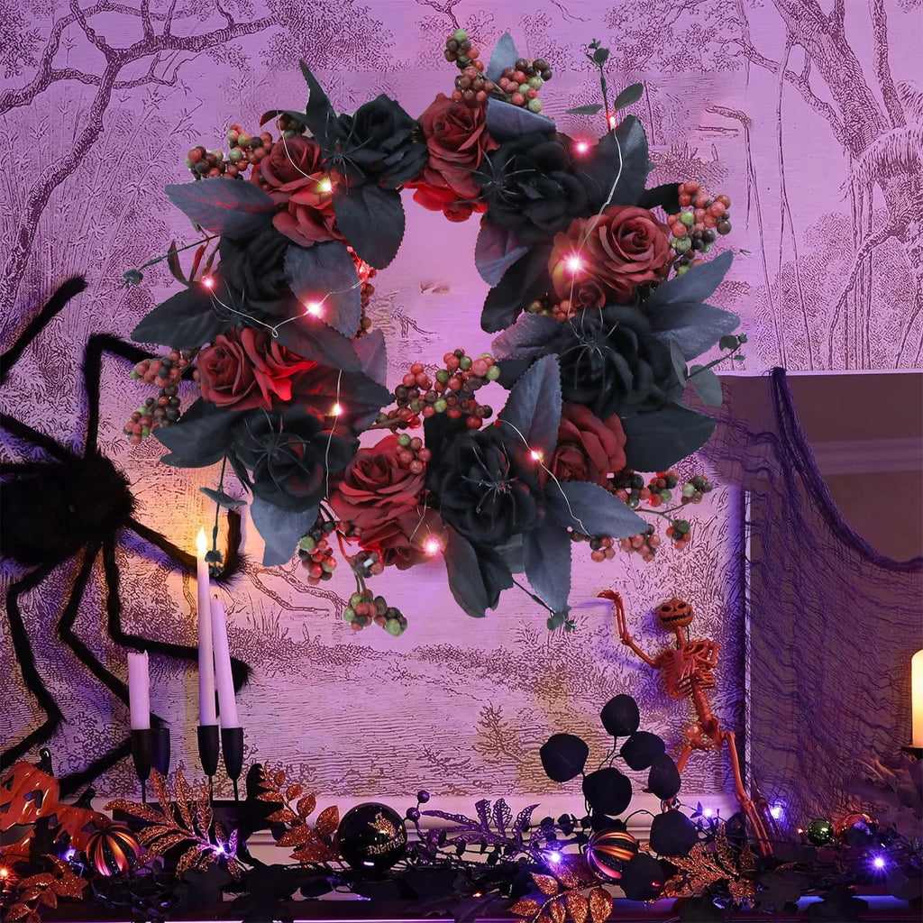 Halloween Decorative Wreath With Lights for Front Door,Black Red Rose Wreaths,15" Berries Wreaths Decor with Black Leaves Garland Ornament for Wall,Porch,Window,Indoor Outdoor Halloween Accessories