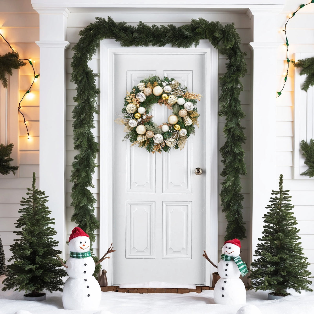 JoanKaren 24 inch Large Christmas Wreath Silver White with 20 LED Lights,Prelit Xmas Wreath w/ Ball Ornaments Pine Cone