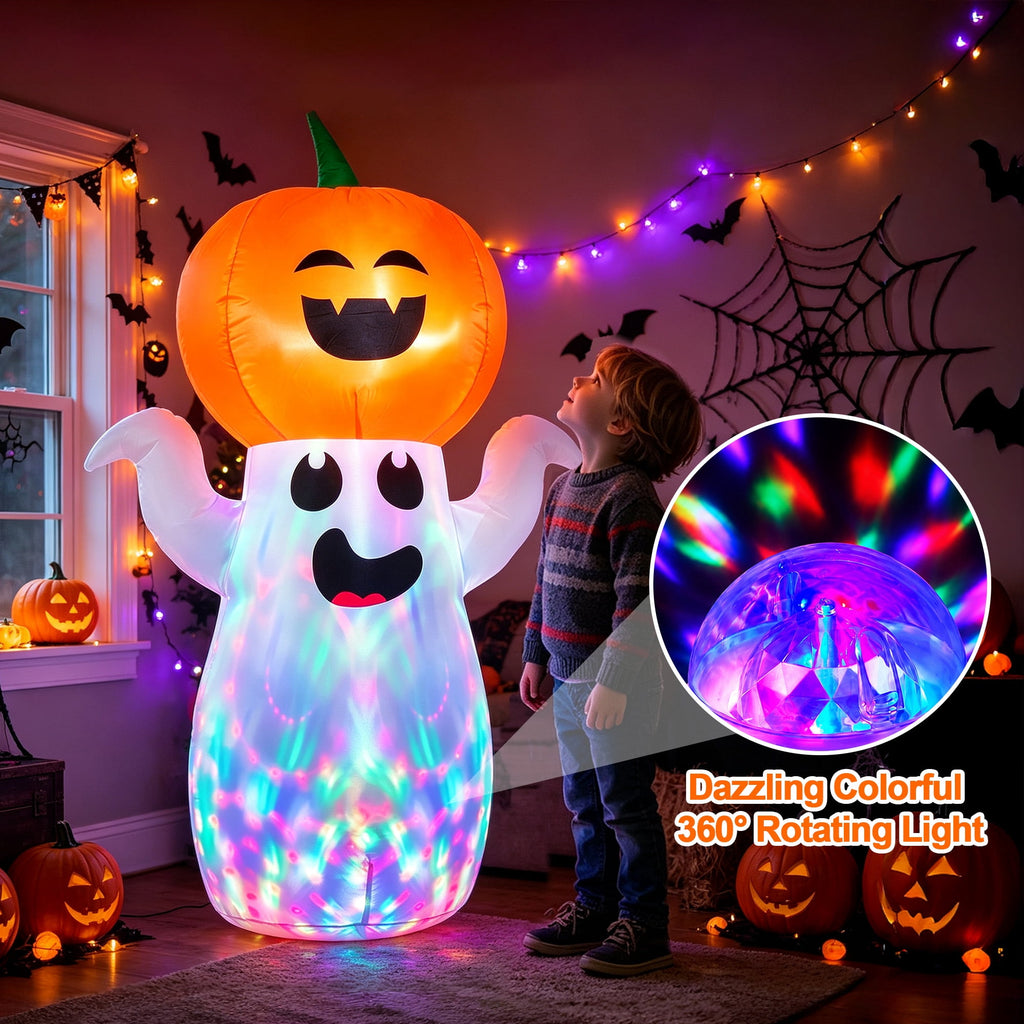 GVDV 5Ft Halloween Inflatables Pumpkin Ghost Decorations with 360° Rotating Colorful LED Lights, Halloween Blow Ups Indoor/Outdoor Decor for Party, Yard, Lawn