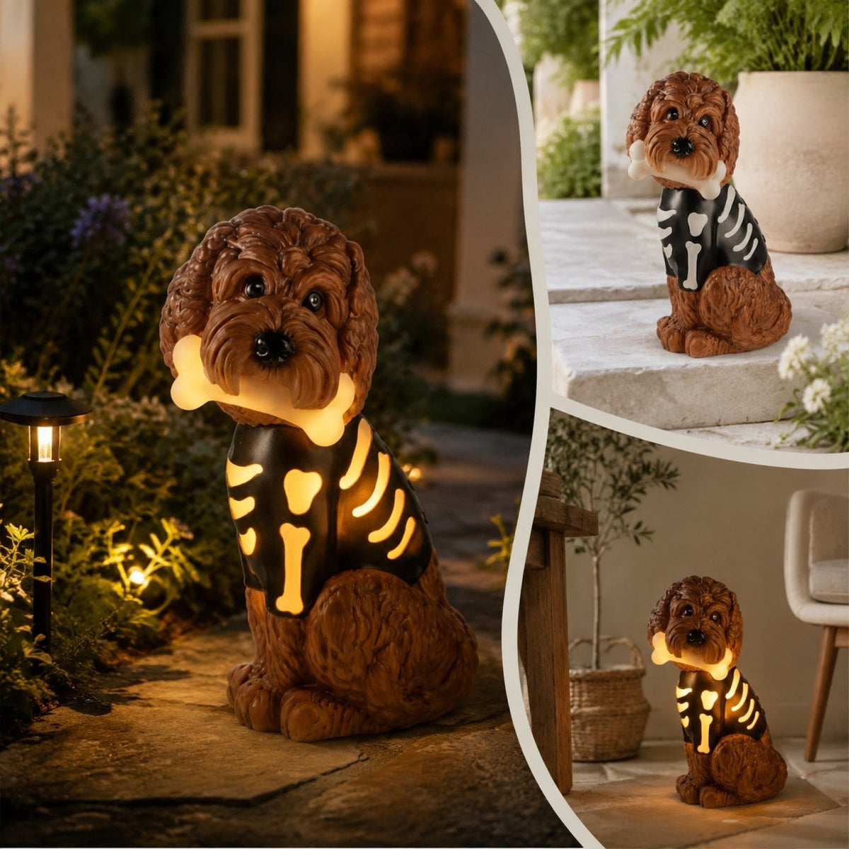 Clearance! Halloween Light‑Up Dog Figurine, 7.9in Scarecrow Dog Statue with Glowing Pumpkin, Waterproof Resin Table Yard Decor