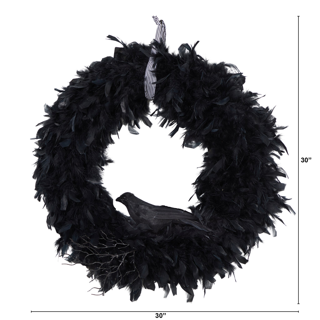 Nearly Natural 30in. Halloween Raven Feather Wreath