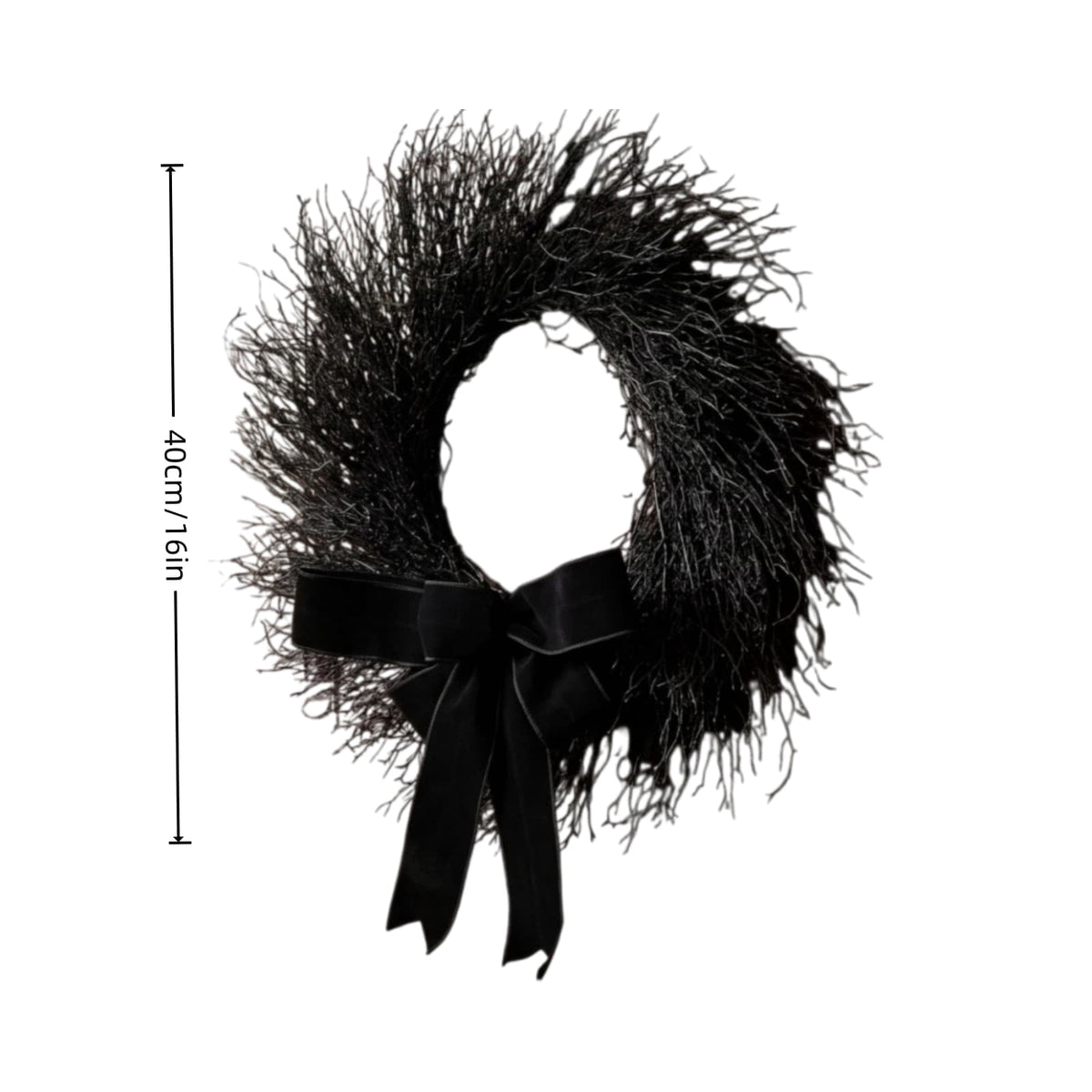Black Halloween Wreath for Front Door, 16 Inch Twig Wreath with Velvet Bow, Gothic Fall Farmhouse Decorative Wreath for Porch Mantel Entryway Home Decor