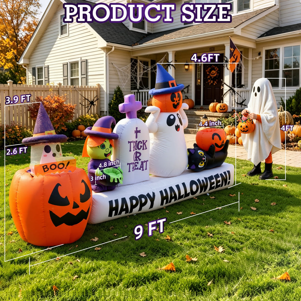 BSHAPPLUS® 9ft Halloween Inflatable Decorations,Blow up Yard Decor with Auto-Scaling Ghost in Pumpkin, Witch, Tombstone,Black Cat,Built-in LED,IP44 Waterproof for Outdoor Lawn Garden Party