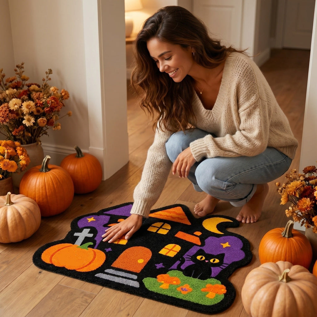Halloween Door Mat Pumpkin Shaped Non-Absorbent Skidproof Mat 15.75x23.62in Polyester Skidproof & Weather Resistant for Front Door Porch Indoor Outdoor Halloween Door Mat by MPOISVA