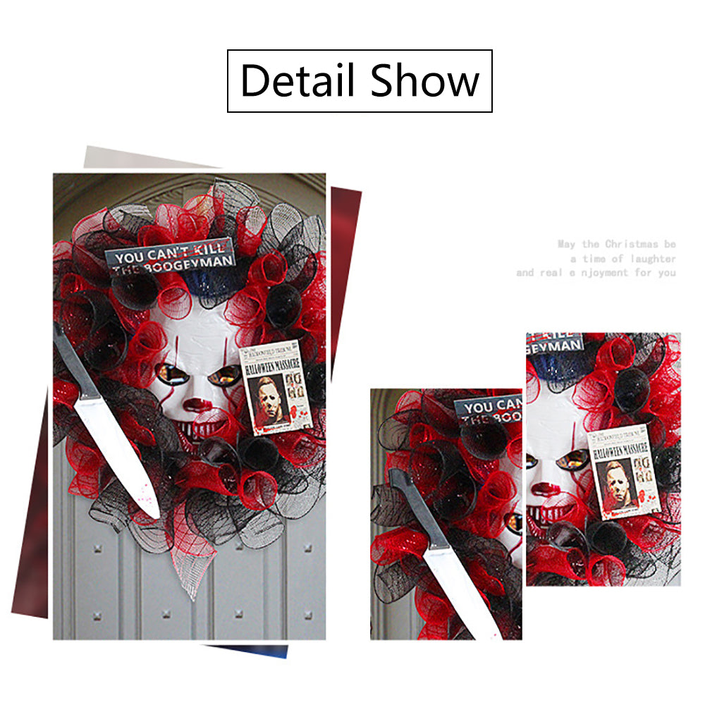 Halloween Red Mesh Mask Wreath, Creative Ghost Festival Party Wreath for Front Door Wall Hanging Haunted House Arrangement Props Festival Celebrations Decoration Holiday Home Decor