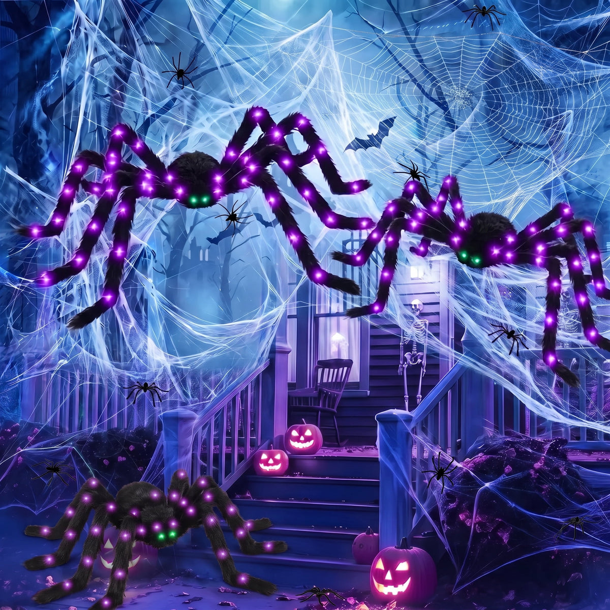Leyaron Halloween Spider Decorations Set, 5FT and 2 Pack 4FT Lighted Giant Spider Decorations for Halloween Party Indoor Outdoor Yard Home Decor