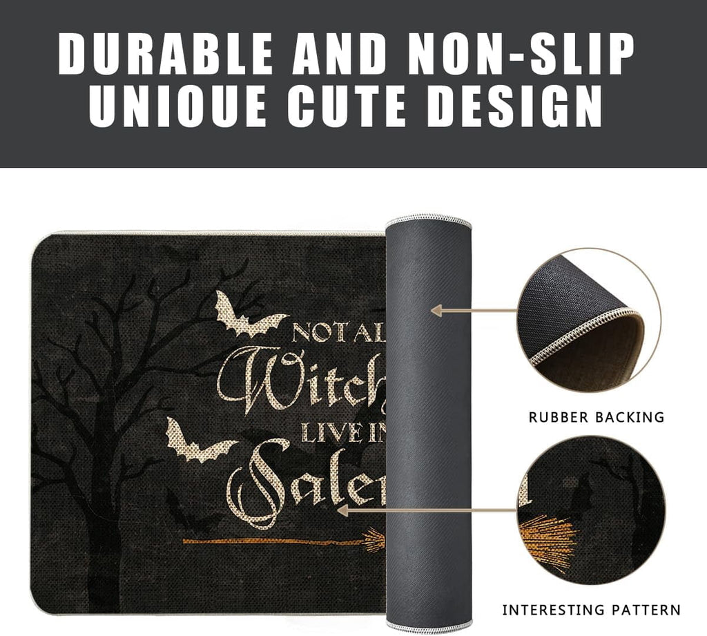 Halloween Kitchen Mat Set of 2, No All Witch Live in Salem Kitchen Rug, Bat Broom Halloween Farmhouse Party Floor Mat for Home Kitchen Decorations - 17x27 and 17x47 Inch