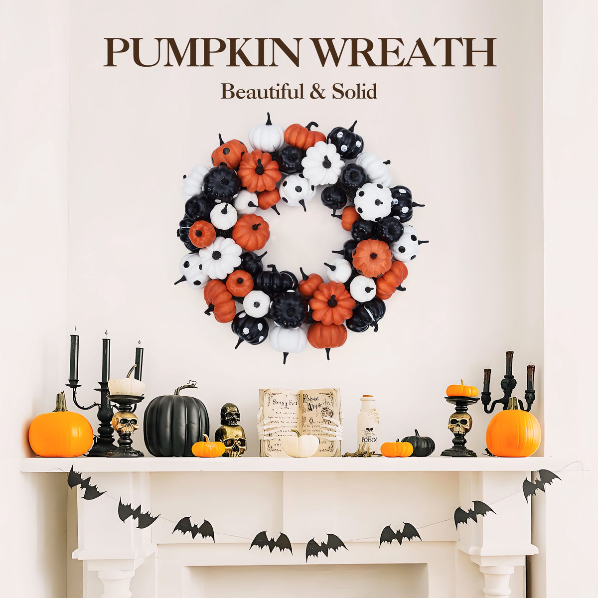 Festisoul Halloween Pumpkin Wreath for Front Door, 18'' Fall Wreath, Rattan Bottom Halloween Indoor Outdoor Decorations for Home, Party, Fireplace