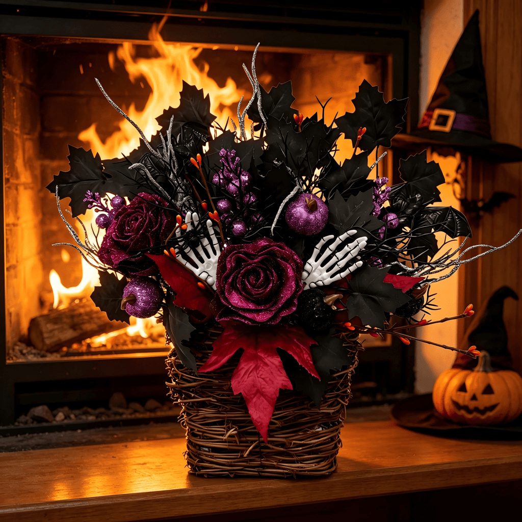 Halloween Wreaths for Front Door 15 Inch Halloween Hanging Basket Decor with Roses & Pumpkins for Wall, Porch, Halloween Party & Gift