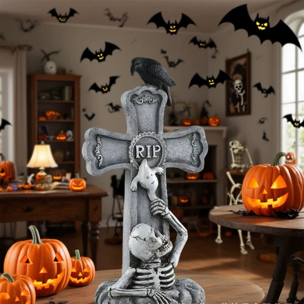 Halloween Decorations Outdoor Gravestones,Halloween Tombstones Cross-Shaped R.I.P Halloween Headstones with Skeleton & Crow,Resin Tombstone Decor for Party,Graveyard,Garden,Lawn Headstones
