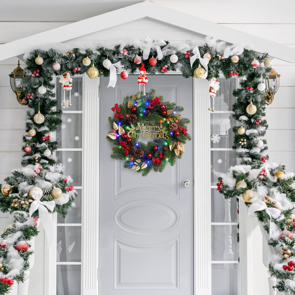 JoanKaren 24 inch Large Christmas Wreath Silver White with 20 LED Lights,Prelit Xmas Wreath w/ Ball Ornaments Pine Cone