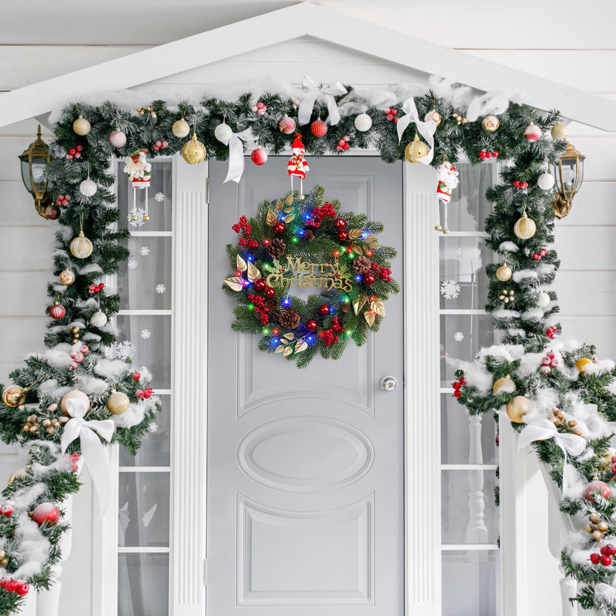 JoanKaren 24 inch Large Christmas Wreath Silver White with 20 LED Lights,Prelit Xmas Wreath w/ Ball Ornaments Pine Cone